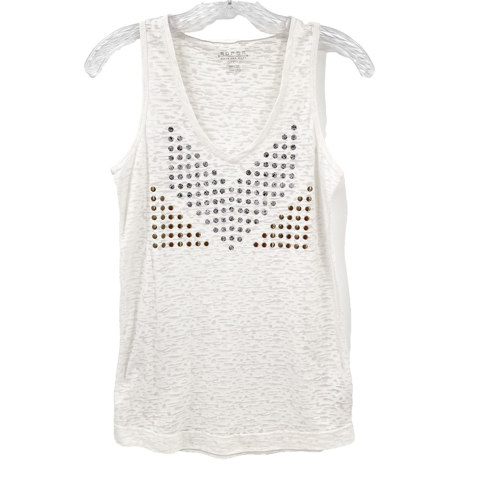 ROPER Women's Sz M White Studded/Embellished Sleeveless Burnout V-Neck Tank Top